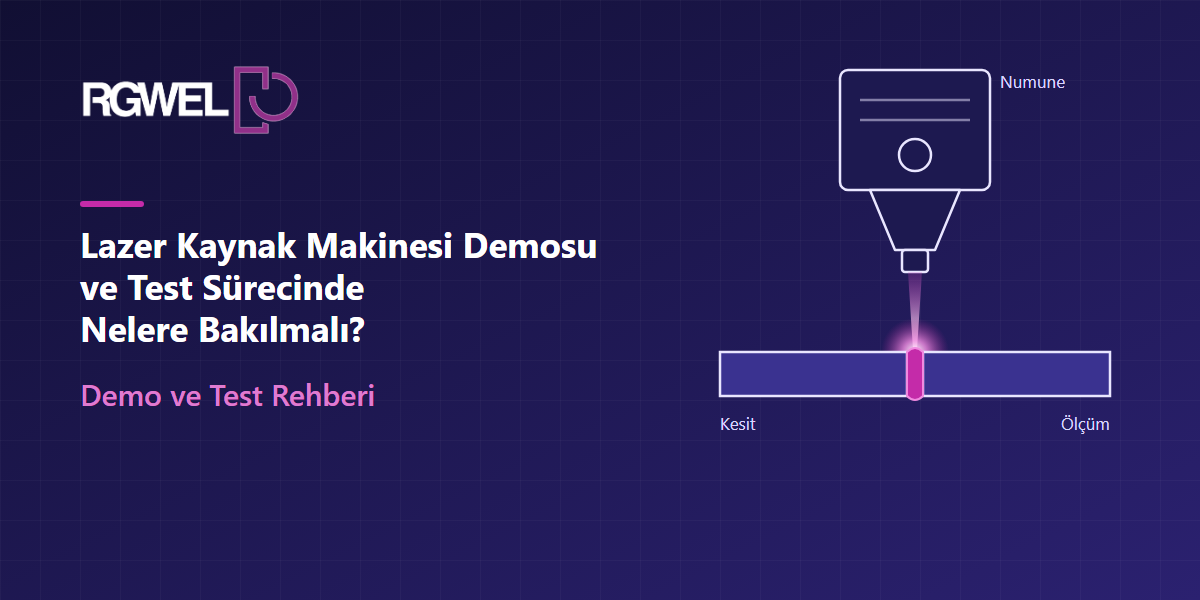 Lazer kaynak makinesi demosunda numune, kesit ve ölçüm adımlarını simgeleyen kaynak kafası çizimi