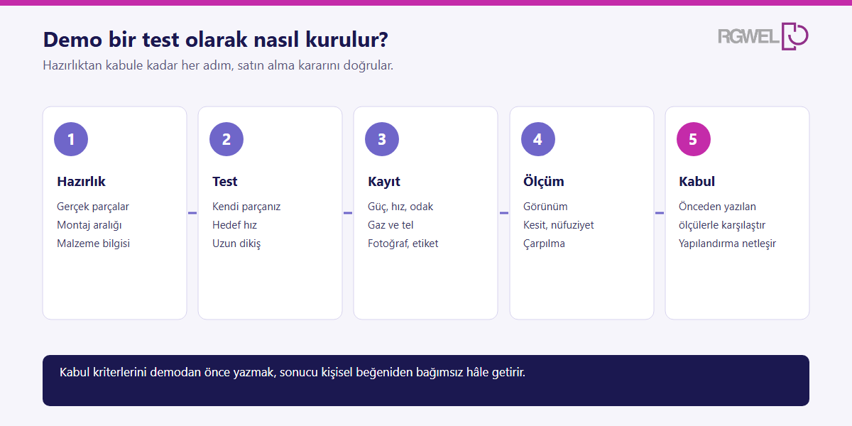 Lazer kaynak demosunun hazırlık, test, kayıt, ölçüm ve kabul adımlarını sıralayan akış şeması